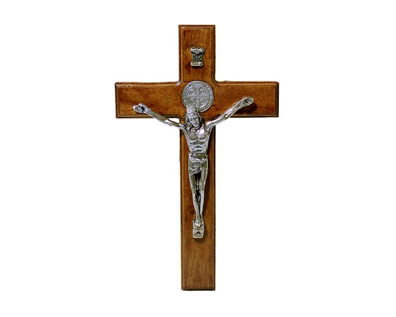 Crucifijo pared – Madera – Cristo y medalla San Benito – 15x9cm | El