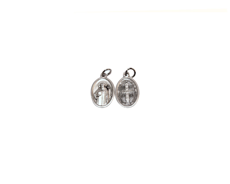 Pulsera Elástica De Rosario Con Medalla De San Benito | Ajustable Plateada | 7.5 Pulgadas